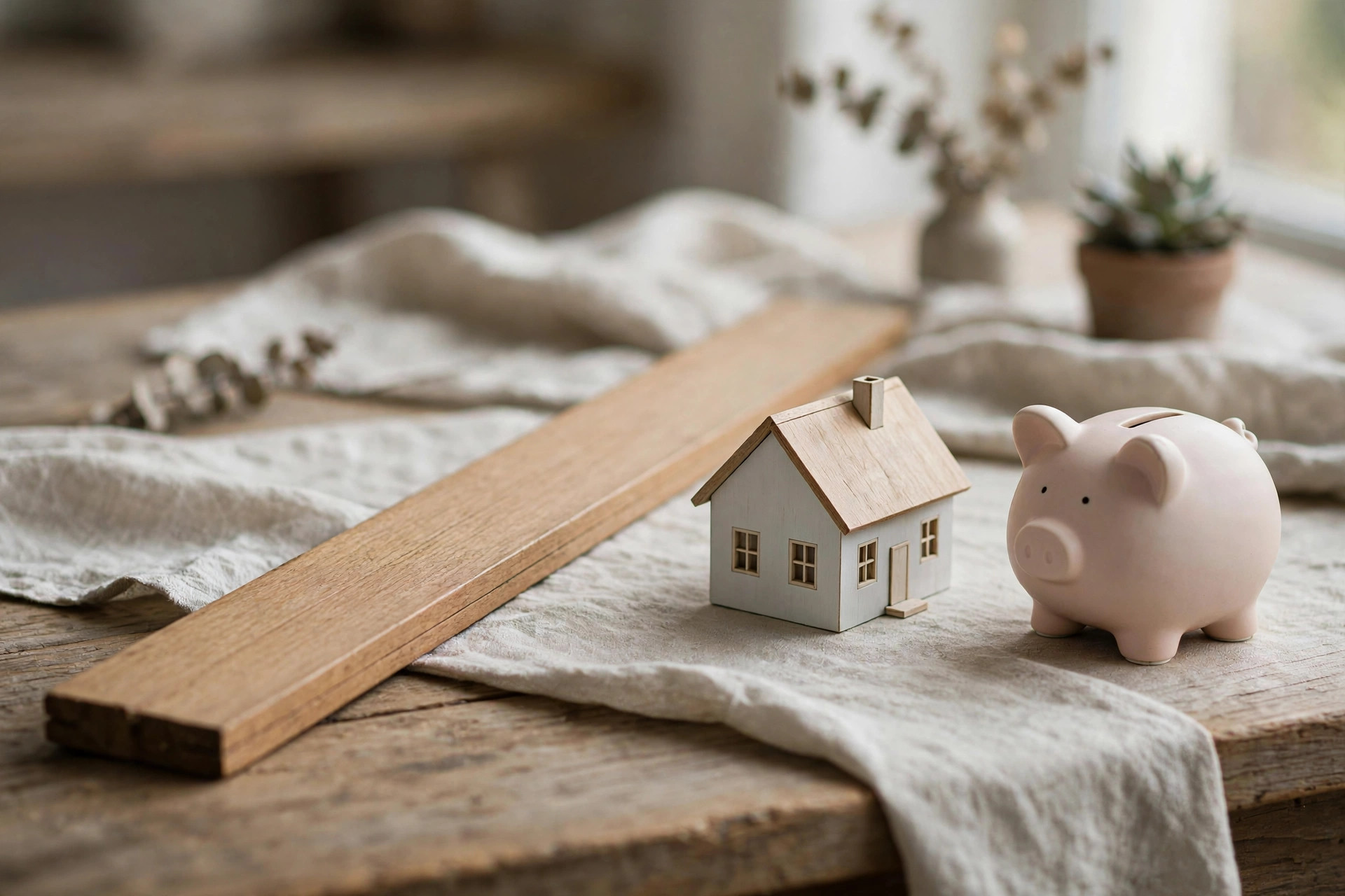 Small model house and piggy bank beside a long wooden ruler on a table
