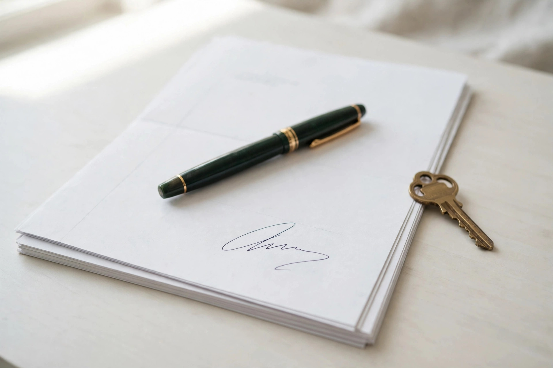 Closing paperwork with a pen and house key