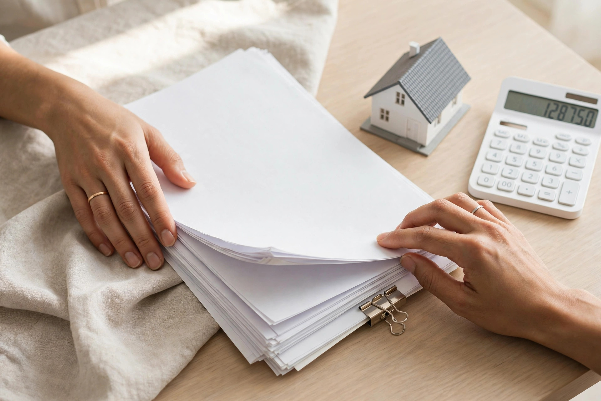 Hands reviewing mortgage documents at a table