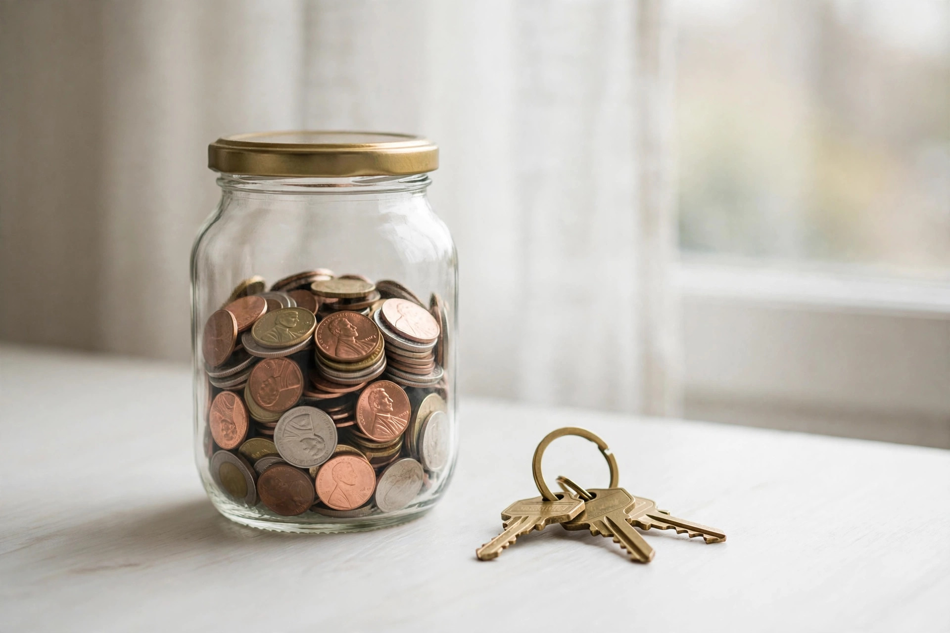 Savings jar labeled for a first home next to house keys