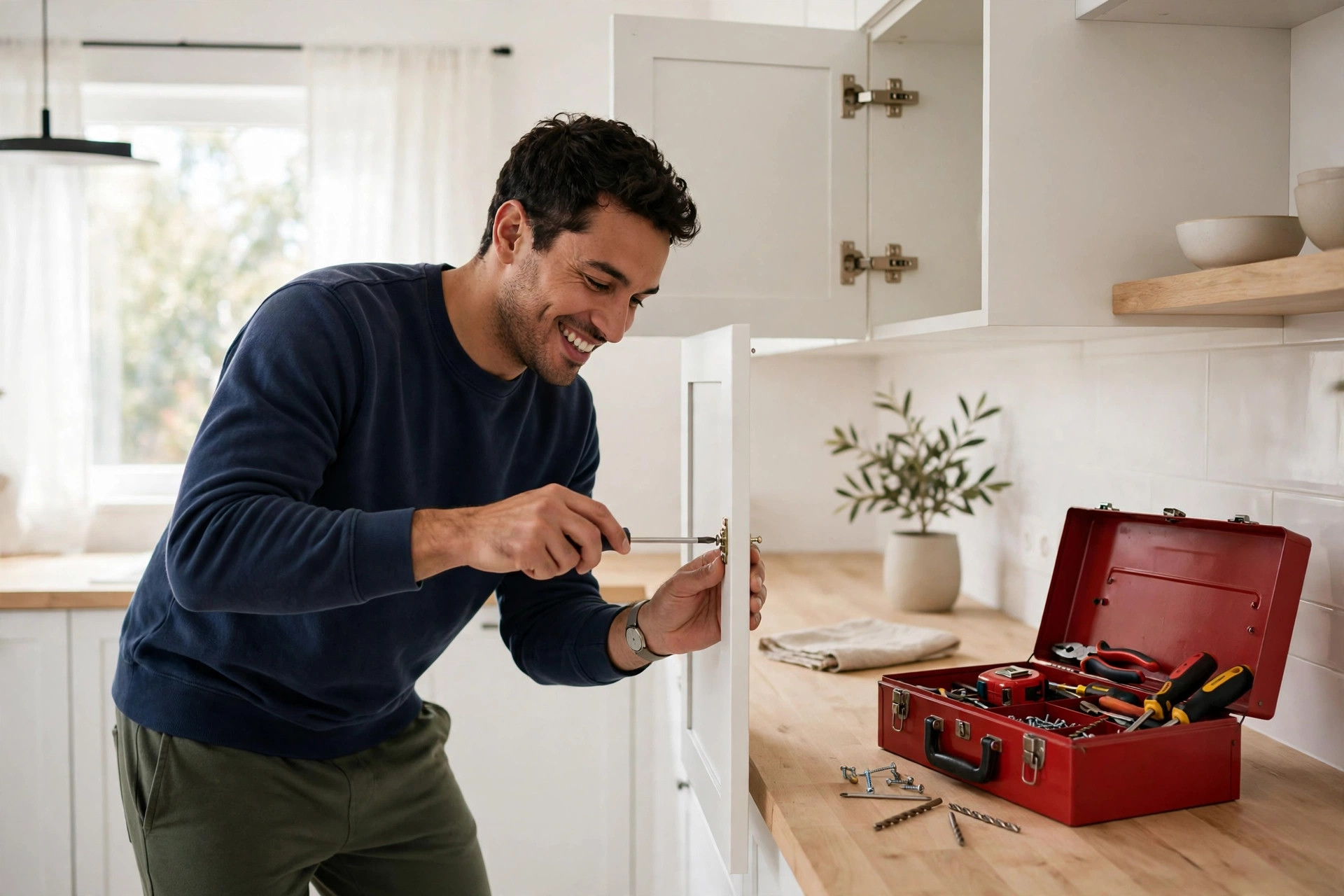 New homeowner fixing a kitchen cabinet, toolbox nearby