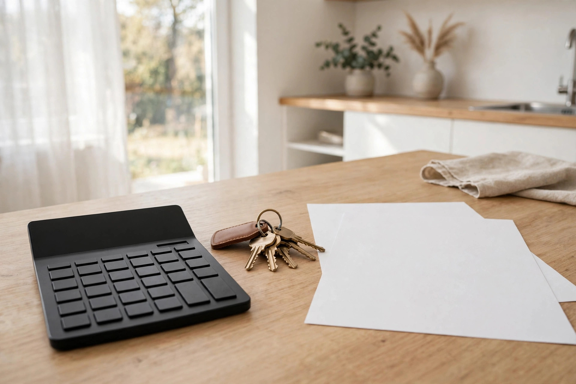 Calculator and house keys beside blank papers on a kitchen table