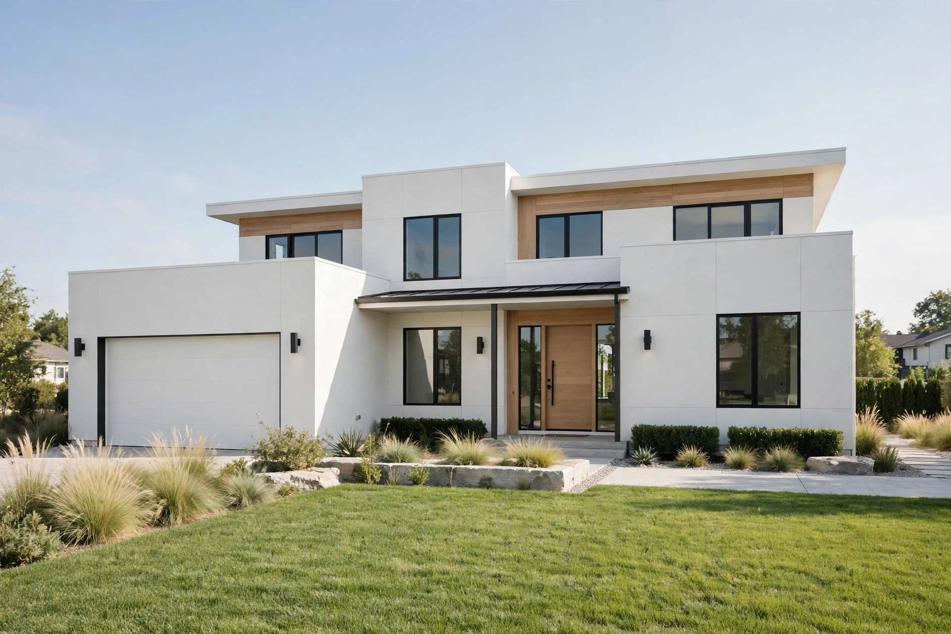 Modern detached home exterior in bright daylight