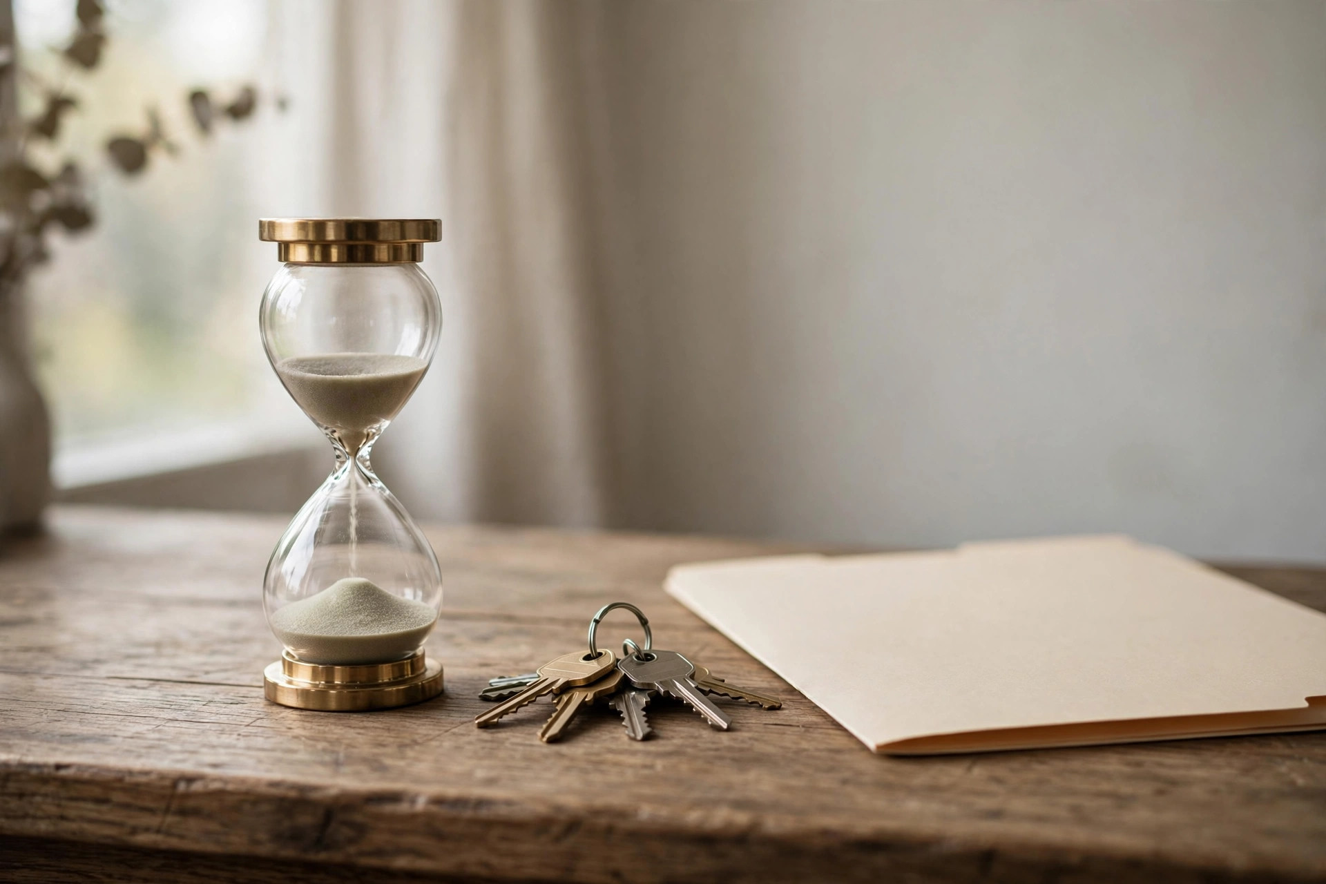 Hourglass and house keys beside a blank folder on a wooden desk